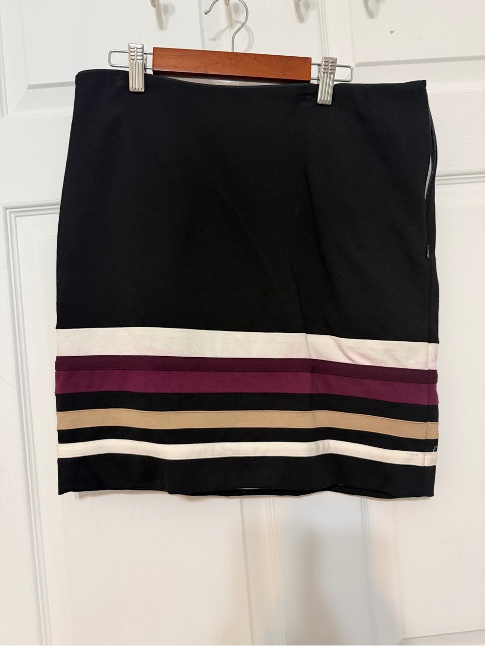 White House Black Market Black Mini Skirt with Purple and Tan Stripes
